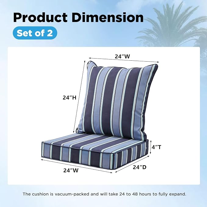 Outdoor Deep Seat & Back Cushion Set (2-Pack), 24 x 24 Inch Water Repellent and Fade Resistant Patio Furniture with Removable Cover for Outside Sofa Couch, Navy Blue Stripe