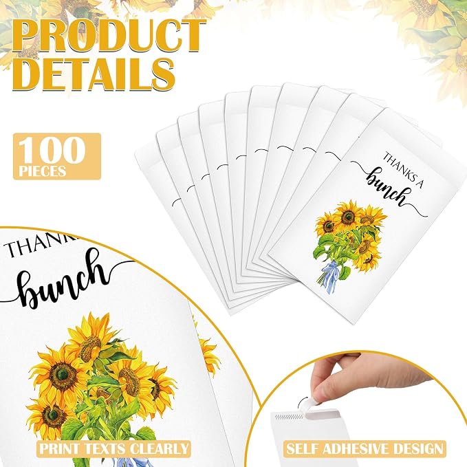 Fumete 100 Pcs Thank You Seed Packets Wedding Favor Sunflower Seed Envelopes Thanks a Bunch Party Favors Self Adhesive Seeds Storage Packets Envelopes for Appreciation Gifts Wedding, No Seeds