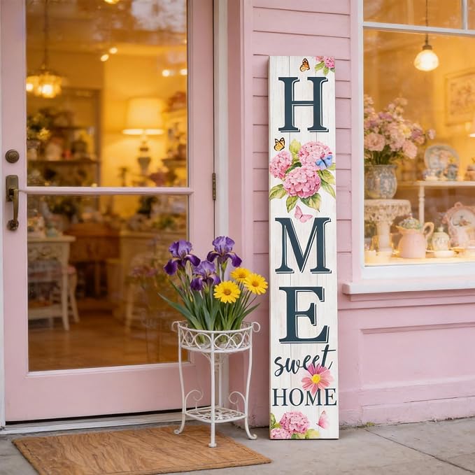Home Sweet Home Welcome Sign for Front Porch, 47" Wood Framed Porch Sign Spring Hydrangea Flower Decorations with Hanging Rope, Farmhouse Yard Signs Home Decor for Outdoor Patio Gift for Family and Friends