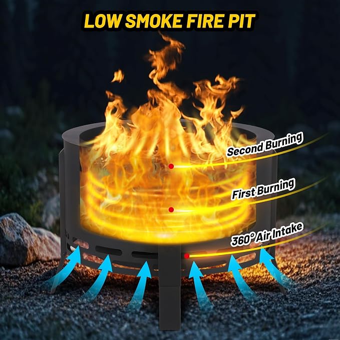 Smokeless Fire Pit 26" with Ash Tray Base - Large Steel Outdoor Fire Pits for Patio, Camping & Backyard, Includes Adjustable Feet, Fire Poker & Dust Bag