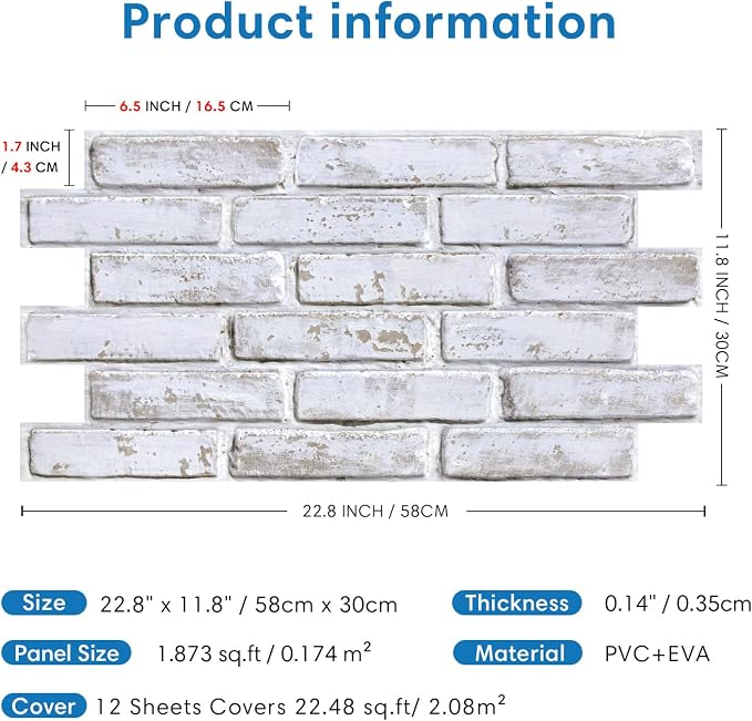 COMSTICKC 3D Whitewash Brick Wall Panel Peel and Stick, 12 pcs of 22.8" x 11.8", DIY UrltraLight PVC Self Adhesive Fake Brick Backsplash Interior Decor,Paintable,Covers 22.48 sq.ft