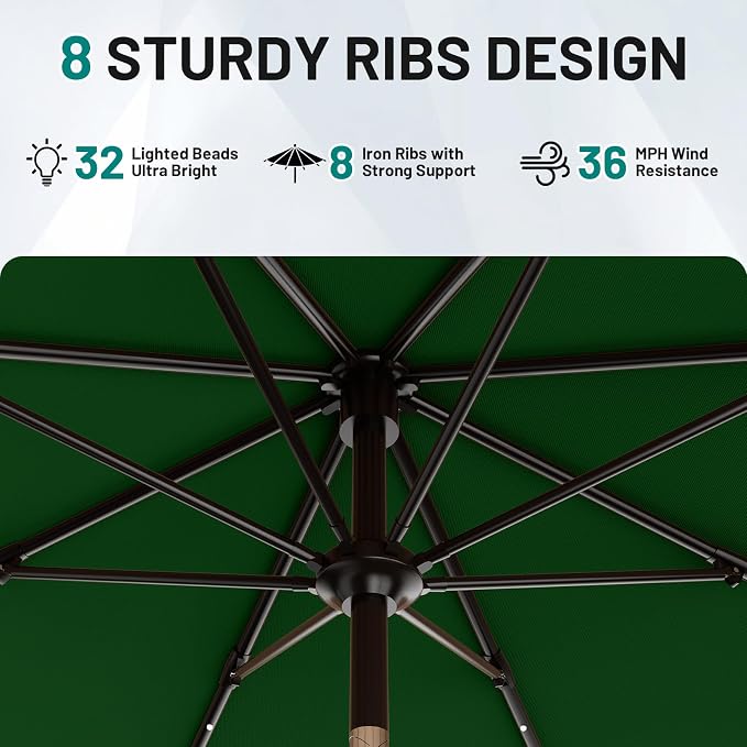 AreShark 11FT Large Patio Umbrella with Solar Lights, Lighted Solar Umbrella with Crank, Outdoor Table Market Umbrellas for Garden, Deck, Backyard, Pool and Beach, Dark Green