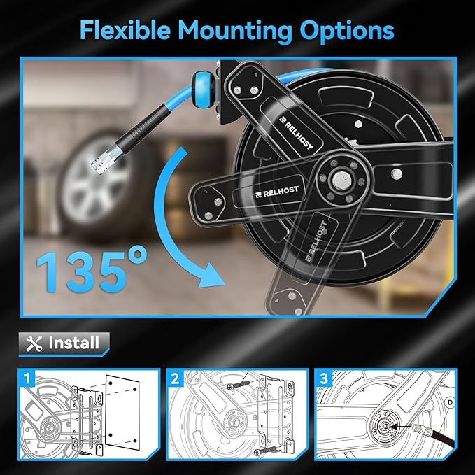 Retractable Air Hose Reel, 65ft x 3/8in Hybrid Air Hose (300PSI), Heavy Duty Compressor Hose Reel, Auto Rewind - Wall/Ceiling Mount for Workshops