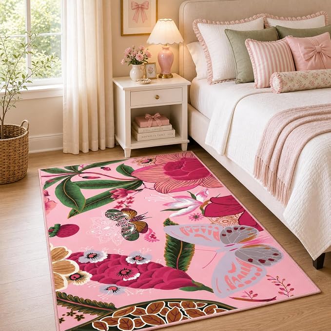 Tyrot Pink Boho Floral 3x5 Washable Area Rug Flat Woven Ultra Thin Low Pile Coquette Cute Rug Non Slip Indoor Botanical Butterfly Rug for Living Room, Bedroom, Entryway, Nursery, Dorm