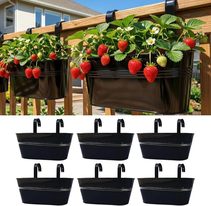 LaLaGreen Deck Railing Planter Box (17 Inch, 6 Pack) Large Black Metal Window Flower Boxes Outdoor, Hanging Planters Plant Holder Hooks Fence Rail Buckets Garden Boho Style Wall Mount Porch Herb Decor