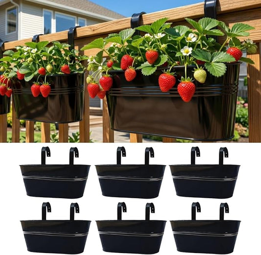 LaLaGreen Deck Railing Planter Box (17 Inch, 6 Pack) Large Black Metal Window Flower Boxes Outdoor, Hanging Planters Plant Holder Hooks Fence Rail Buckets Garden Boho Style Wall Mount Porch Herb Decor