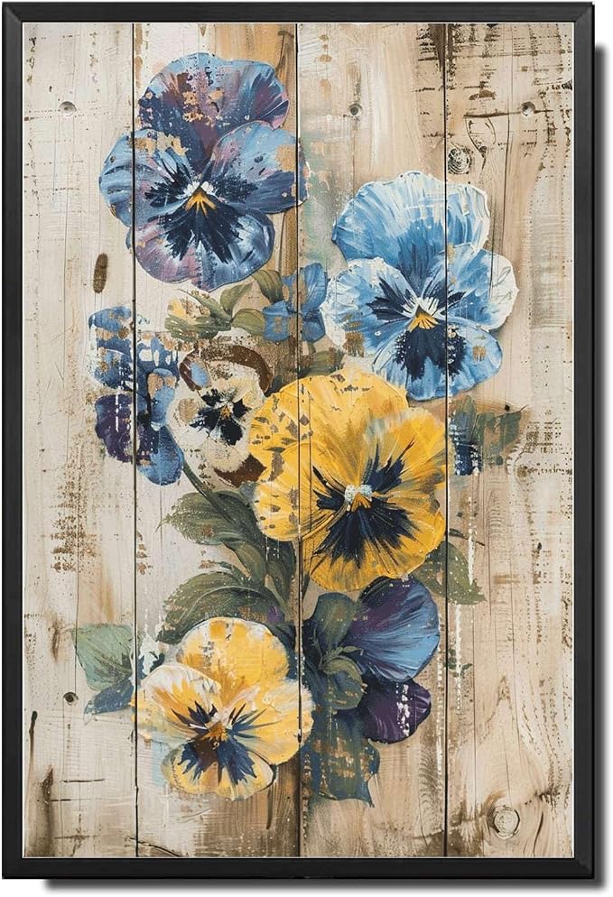 Metal Sign Tin Sign Vintage Wall Art Shabby Chic Pansies Tin Sign for Rustic Color Blends Antique Garden Charm and Distressed Wood Pan Home Decor for Home Decor 12×16 Inches with Metal Frame