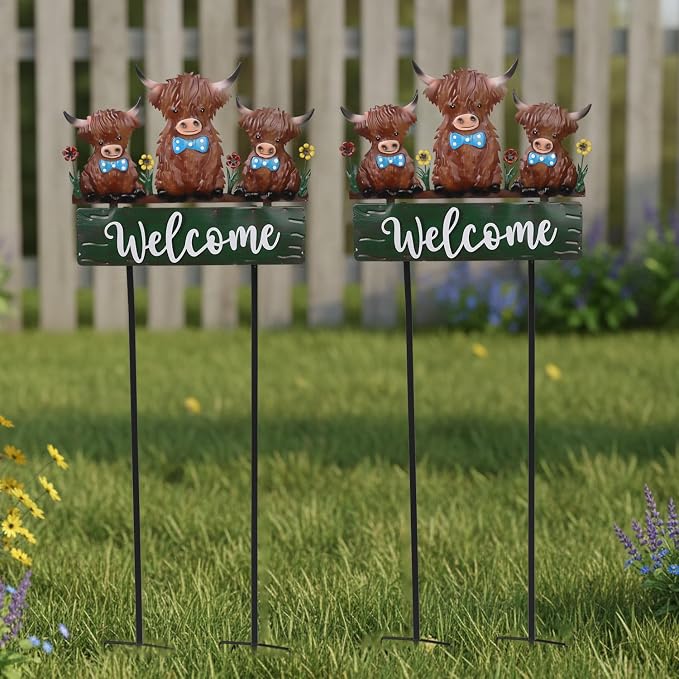 43.3inch Highland Cow Yard Stakes for Decorations Outdoor, Vintage Farmhouse Decorative Garden Stakes Large Metal Yard Art with Welcome Sign