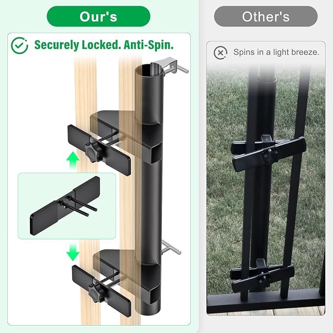 Heavy Duty Deck Railing Umbrella Holder, Adjustable Patio Umbrella Stand for 1-2 Inch Poles, Secure & Sturdy Railing Mount with Locking Pin, Maximizes Deck Space