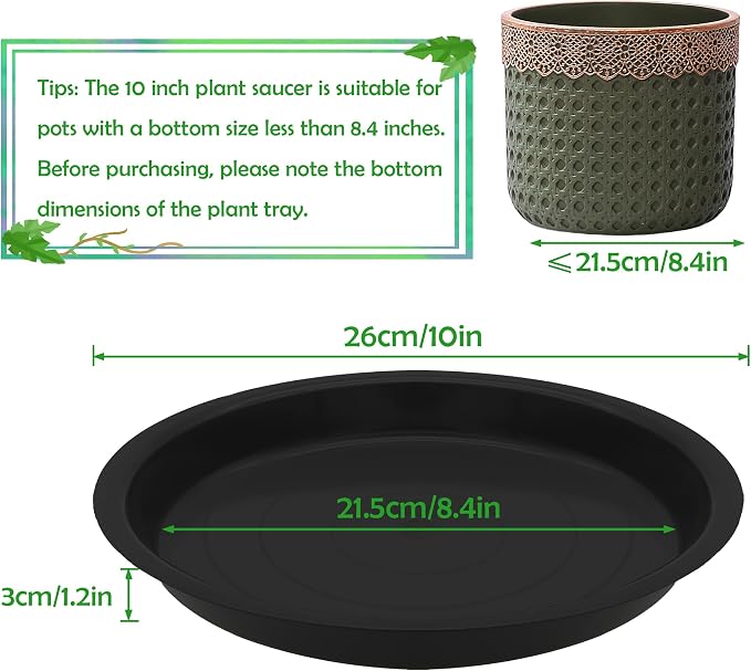 12 Pack 10 Inch Round Plant Saucers for Less 8 Inch Pot Indoors Outdoors Plant Trays for Pots Planter Saucer Plastic Drip Tray Planter Water Tray (Black, 10"(12pcs))