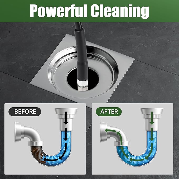 Sewer Jetter Kit for Pressure Washer, 100FT Drain Cleaning Hose with Corner Rotating and Button Nose Nozzles, 1/4" NPT Sewer Jet Nozzle Set with Spanner, Tape, Pins, 5800 PSI