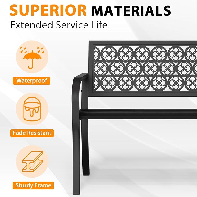 Outdoor Bench Garden Bench, 44" Anti-Rust Patio Bench Clearance, Iron Metal Frame Outdoor Benches Weatherproof for Front Porch, Yard, Lawn, Deck(Clover)