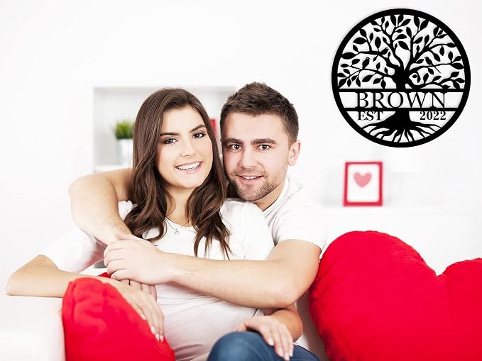 Personalized Family Tree Sign Custom Last Name Metal Wall Decor, Family Name Monogram Sign with Established Year, Tree of Life Home Decor, Rustic Farmhouse Outdoor Garden Decoration, Wedding Gift, Housewarming Gift for Family
