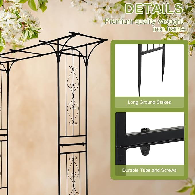 Garden Arch Trellis, Heavy-Duty Steel Frame Support Arbour Archway for Climbing Plant, Rose Vines, Vegetables, Outdoor Decoration for Lawn Backyard Party Wedding, Flat Top
