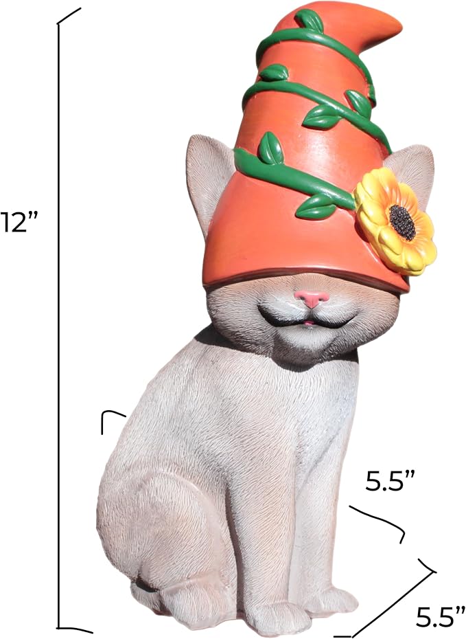 Cat Gnome 12" Tall (Gray) | Cute Outdoor Statues for Garden, Cat Home Décor, Hand-Painted and Original Design