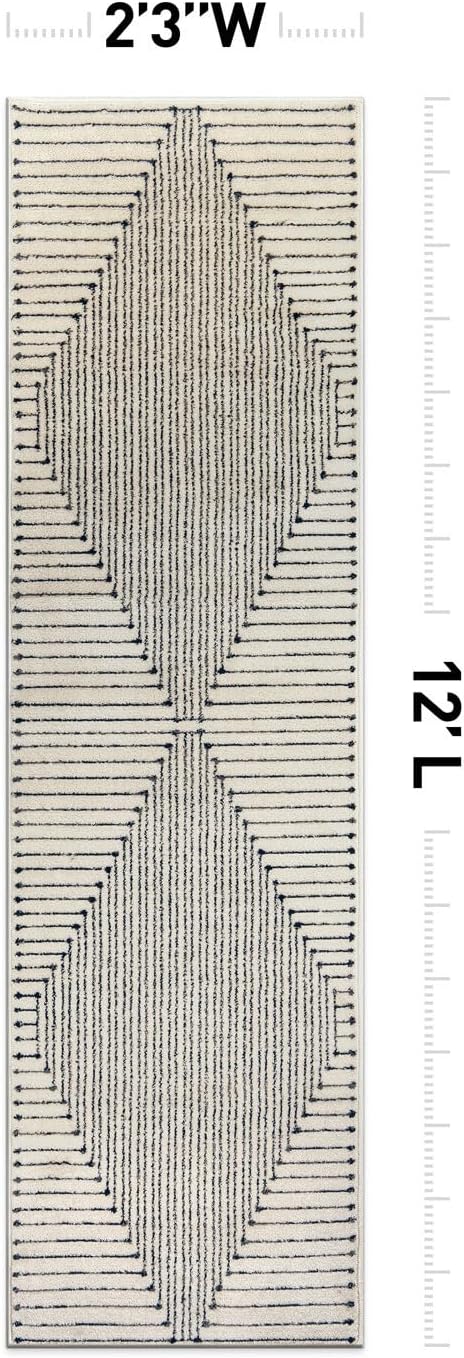 Rugshop Contemporary Bohemian Stripe Runner Rug 2'3" x 12' Cream | Jute Backing, Soft Medium Pile, Stain Resistant, No Shedding, Hallway, Kitchen, Entryway, Foyer, Staircase, Corridor