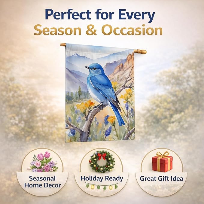 Caroline's Treasures Nevada Mountain Bluebird House Flag Large Porch Sleeve Pole Decorative Outside Yard Banner Artwork Wall Hanging, Polyester, House Size, Multicolor