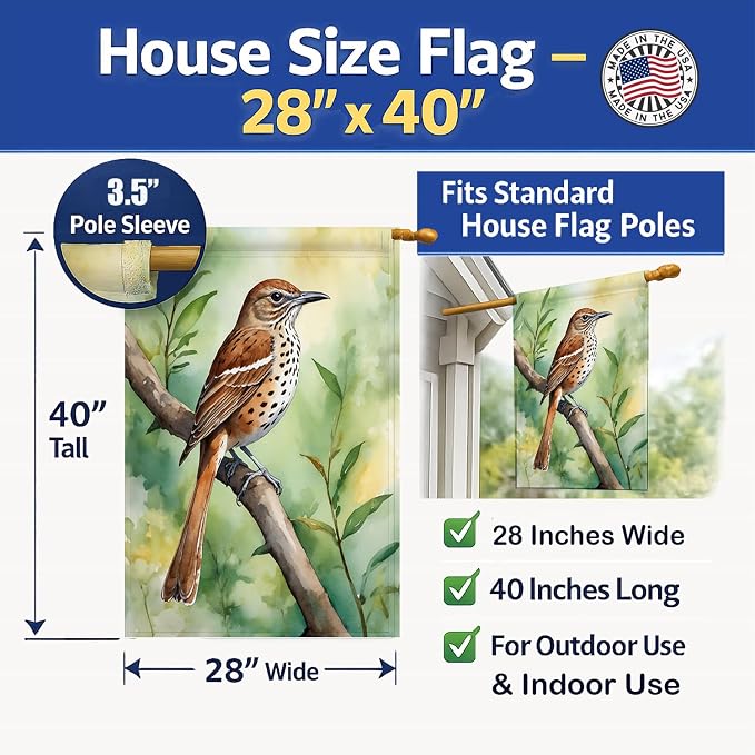 Caroline's Treasures Georgia Brown Thrasher House Flag Large Porch Sleeve Pole Decorative Outside Yard Banner Artwork Wall Hanging, Polyester, House Size, Multicolor