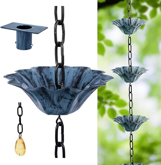 Rifachua 12 Cups Lotus Rain Chain for Gutters Downspouts Outside 8.5ft, Blue Plated Lotus Rain Chain Cups, Functional and Decorative Replacement for Gutter Downspouts