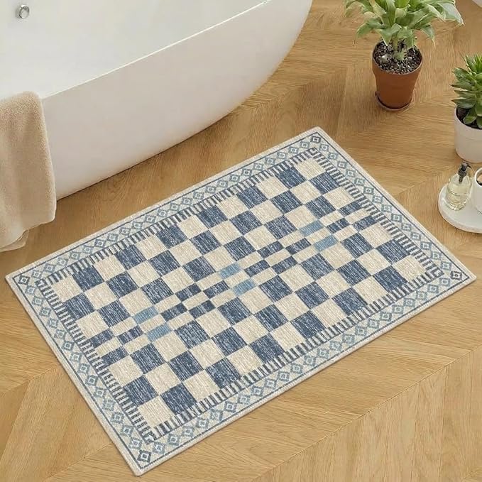 GarveeHome 2x3 Small Rug for Kitchen Modern Checkered Area Rug for Bathroom | Contemporary Blue Abstract Carpets Machine Washable Non-Slip Low Pile Doormat Soft Premium Area Rug for Hallway Bedroom