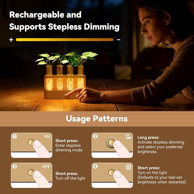 Lightalent Rechargeable Plant Propagation Station with Stepless LED Light, Wooden Stand & 4 Propagation Test Tubes, Hydroponic Plant Terrarium for Indoor Home Decor, Gift for Plant Lovers and Mothers