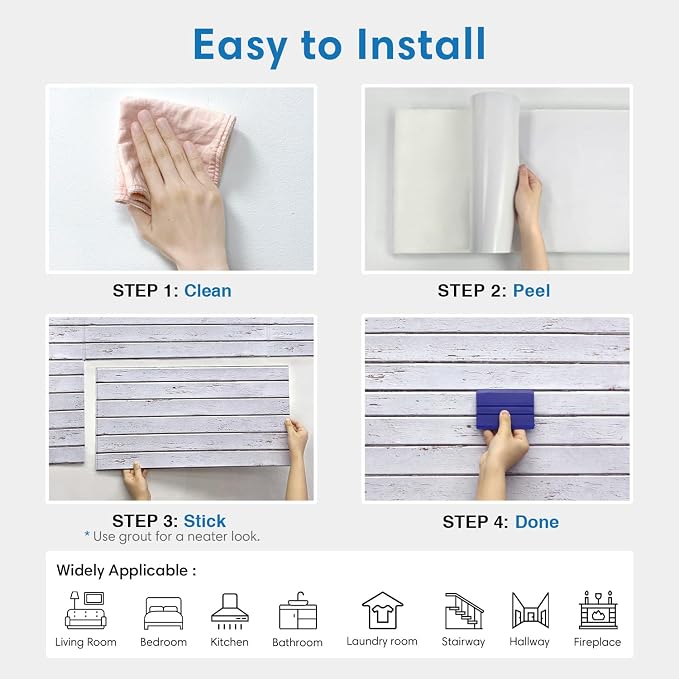 COMSTICKC 3D Faux Wood Wall Sticker, Peel and Stick Wall Covering,12 pcs of 22.8" x 11.8", DIY Lightweight PVC White Wood Self Adhesive Decorative Tiles Wallpaper,Paintable,Covers 22.48 sq.ft
