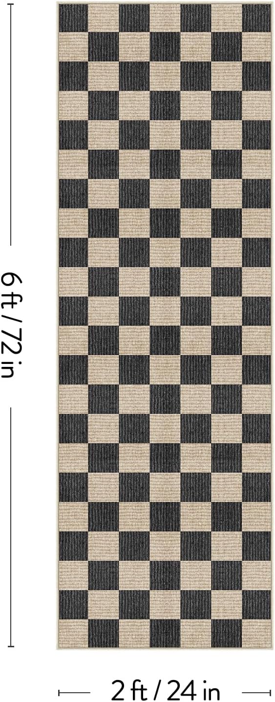 LIVEBOX Washable Runner Rug Checkered, 2x6 Black Runner Rugs for Hallway, Non-Slip Kitchen Runners, Farmhouse Neutral Classic Geometric for Hallways, Entryway, Bedroom, Bathroom(Black 2'x6')
