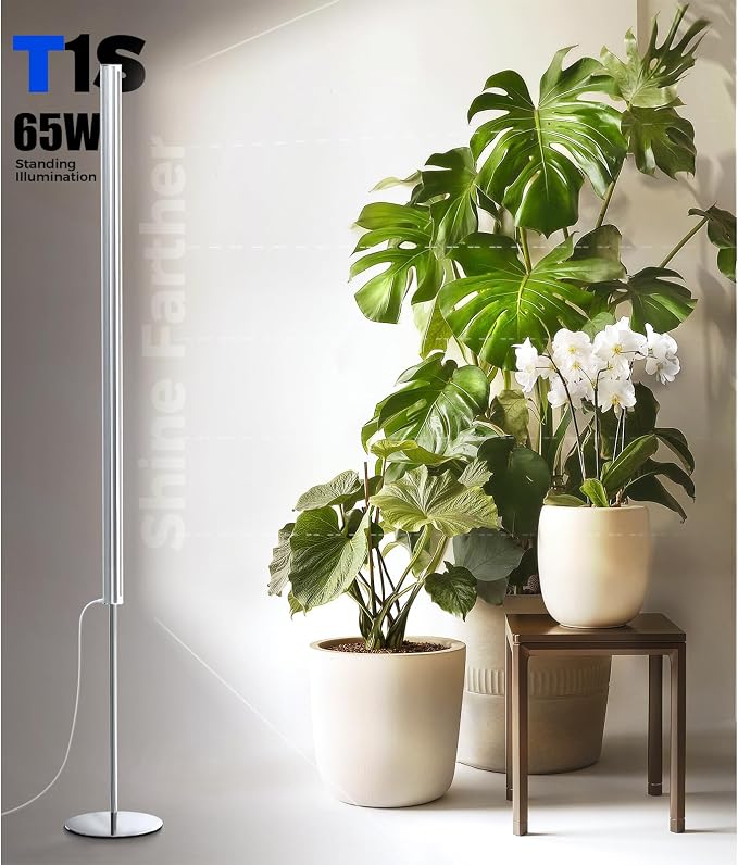Barrina T1S Standing Grow Light for Indoor Plants with Timer, 65W 5000K High PPFD Tera Series Vertical Full Spectrum Grow Lights Adjustable Height 5FT-5.6FT, Foot Switch, Non-Glare Design, Silver