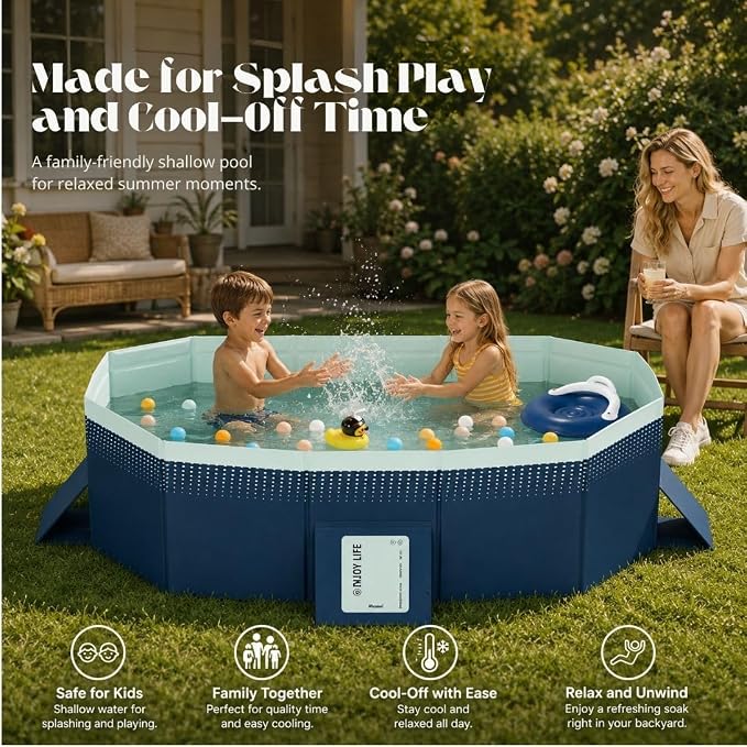 65.35-Inch Foldable Swimming Pool, Blue Non-Inflatable Rectangular Pool for 1-2 People, 4-Layer Composite PVC, Aluminum Alloy Frame, Dual Drains for Backyard Fun