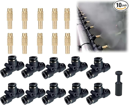 10 pk 3/8-inch OD Brass Misting Nozzles Tee Adjustable Copper Sprayer, Three Section Type,0.039"/1mm Orifice，Watering Plant Drip Irrigation Pneumatic Fittings Connection for Watering Garden