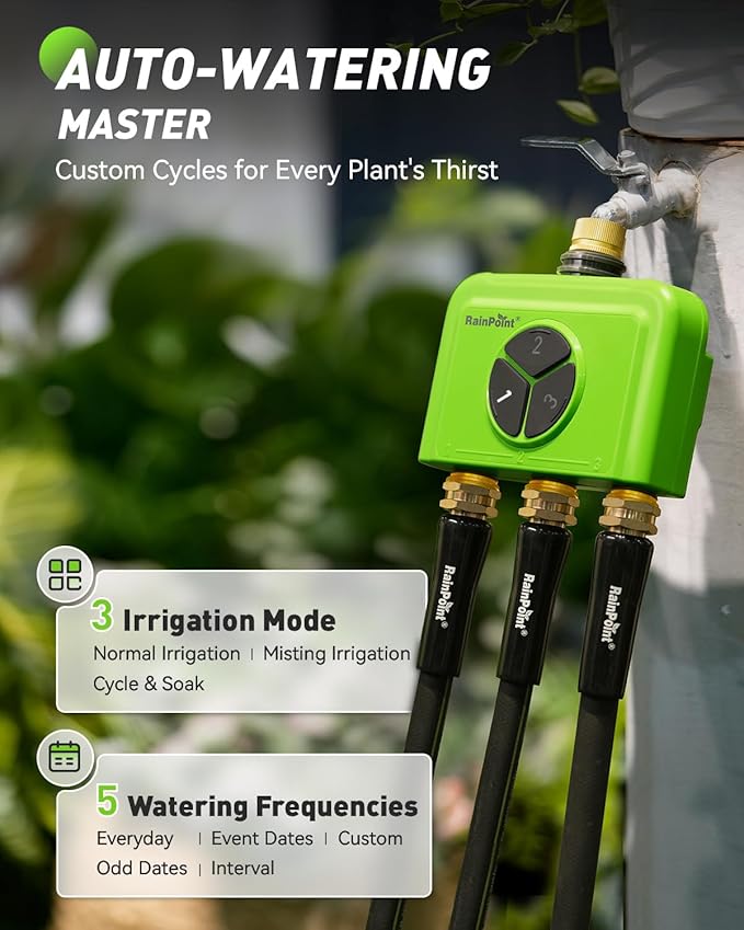 RAINPOINT 3 Zone WiFi Water Timer with Smart Gateway, Brass Inlet/Outlet WiFi Sprinkler Timer, Voice Control, Smart Watering System by Time/Weather/Quantity/Soil Moisture, (Green, 3 Zone)