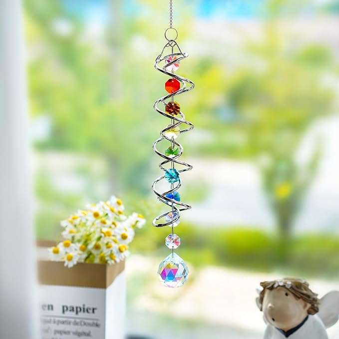 20.5in Crystal Sun Catcher with Chakra Beads Wind Spinner Decor | Crystal Sun Catcher Hanging with Seven Chakra Beads and Spiral Tail Wind Spinner for Window Indoor Garden Christmas Decor