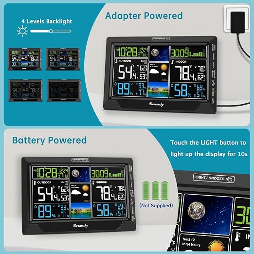 DreamSky Weather Station Indoor Outdoor Thermometer Wireless for Home | Digital Atomic Clock, Large Display with Dimmer, Inside Outside Temperature Humidity Monitor, Auto DST (Plug-in)