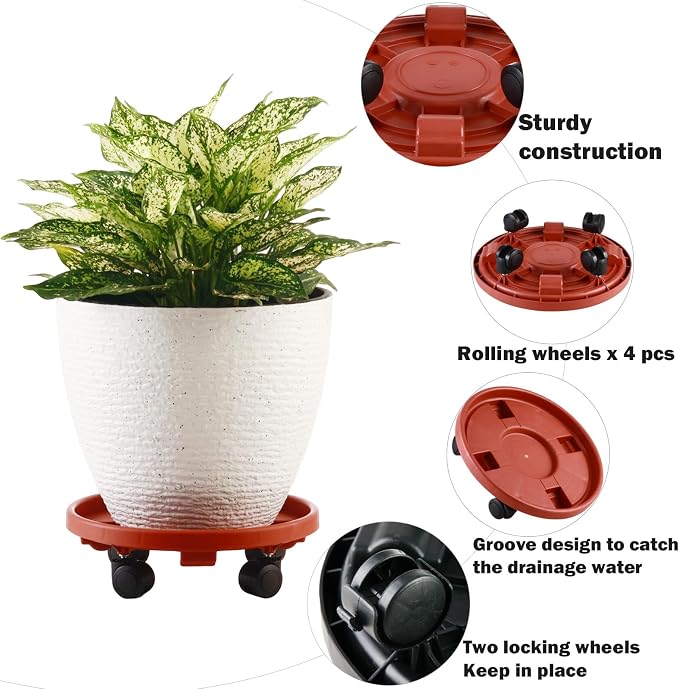 5 Pakcs Large Plant Caddy with Wheels 15.8" Rolling Plant Stands Heavy-duty Plastic Plant Roller Base Pot Movers Plant Saucer on Wheels Indoor Outdoor Plant Dolly with Caster Tray Coaster Red