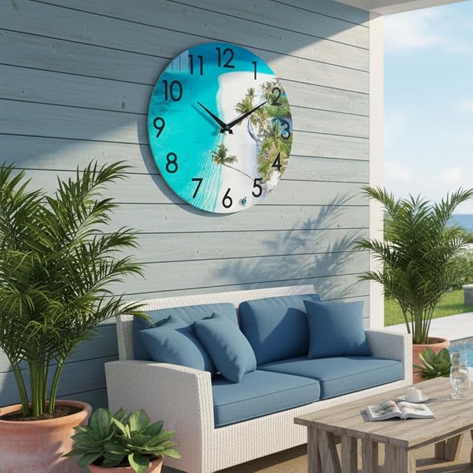 14 Inch Outdoor Clock Waterproof – Tempered Glass Silent Non-Ticking, Tropical Beach Theme Nautical Coastal Decor Wall Clock for Patio Pool Garden Bathroom
