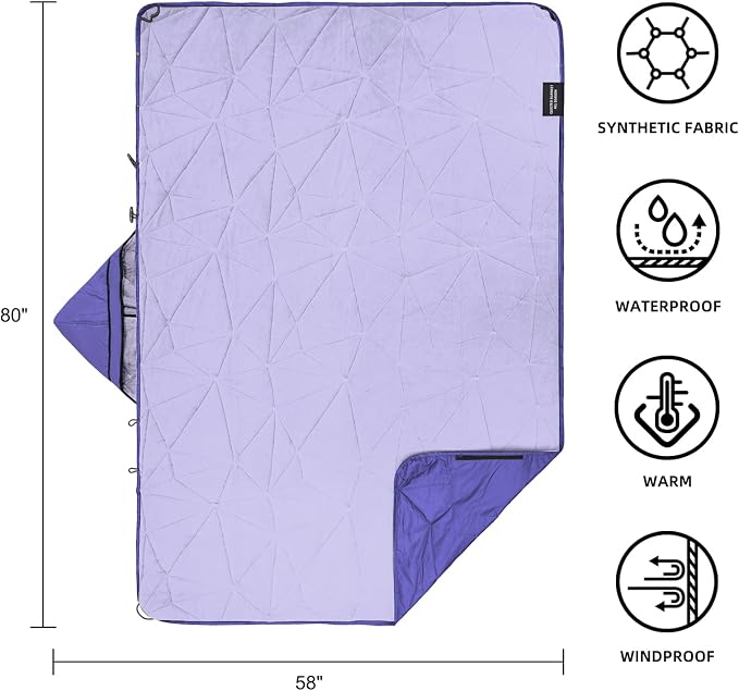 Large Waterproof Outdoor Blanket Thick Fleece 80" x 58" | Windproof Stadium Blanket, Wearable Poncho, Machine Washable for Camping, Car, Pet, Picnics - Purple Hooded
