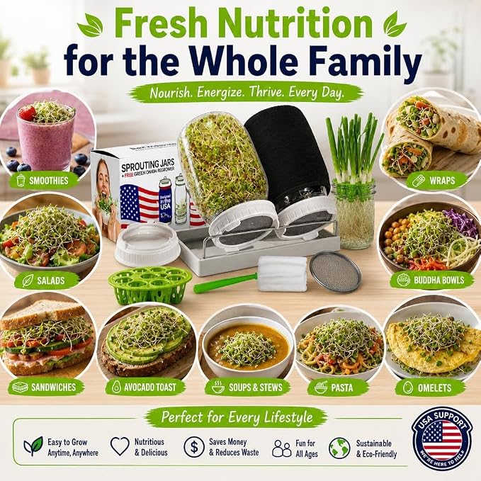 Sprouting Jar Kit - 2 Wide-Mouth Mason Jars with Stand and Sprout Lids | Green onion regrower, sprout lids and drain tray for growing broccoli, alfalfa and mung bean sprouts