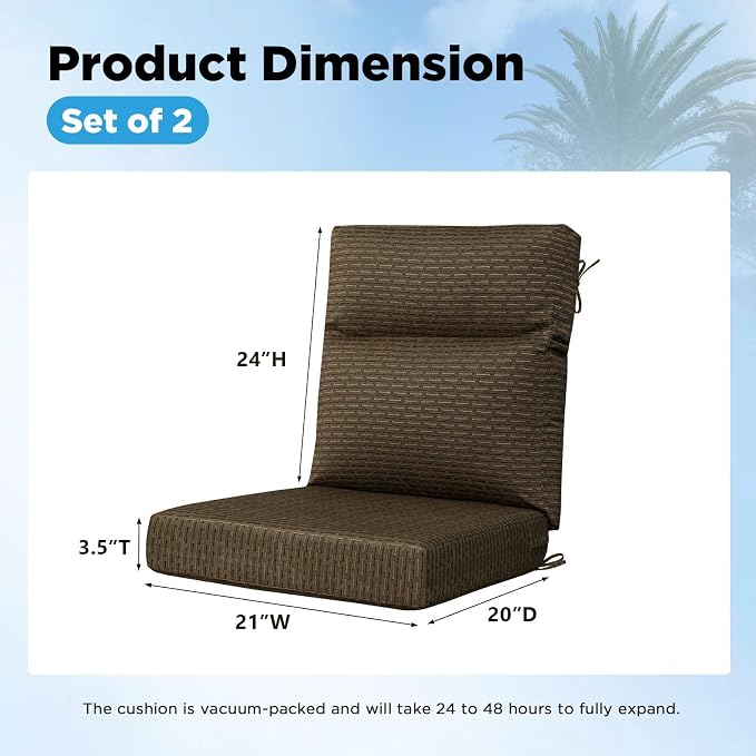 Sunbrella Outdoor Patio Chair Cushions 44x21x3.5 inch, Set of 2 Thicken Comfy Cushions for Rocker Non Slip Fade Shield Water Repellent High Back with Ties, Dash Walnut