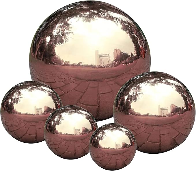 Gazing Ball Garden Mirror Outdoor - Outside Decorative Globe Rose Gold 5Pcs | Metal Polished Reflective Sphere, Stainless Steel Hollow Decoration Ornament for Home Pond Swimming Pool Housewarming Gift