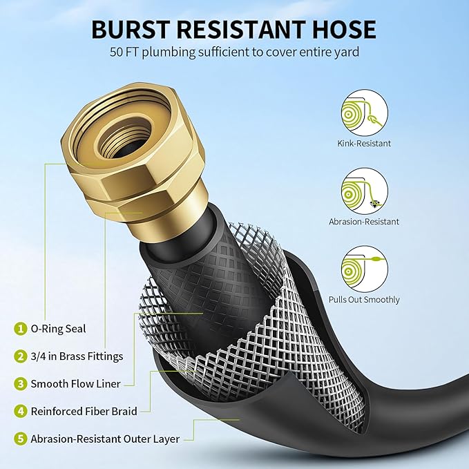 Fenbeli Retractable Garden Hose Reel 50 FT, Wall Mounted Auto Rewind Hose Reel with 10 Pattern Nozzle, Any-Length Lock, 180° Swivel Bracket, Burst-Resistant Hose & Brass Fittings for Yard Car Wash