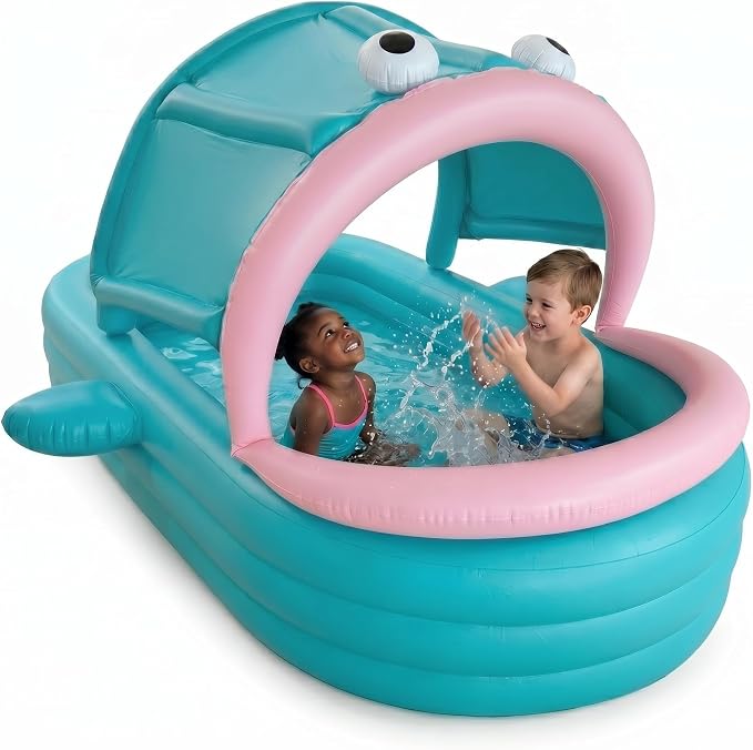 Inflatable Kiddie Pool with Canopy, Giant Fish Blow Up Pool for Kids Toddlers Adults, Thickened PVC Family Pool, 3 Air Chambers, 65"×38"×18" Backyard Summer Splash