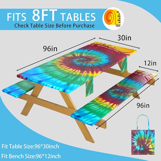 Fitted Waterproof Picnic Table Cover with Bench Covers Elastic 96×30In 3 Piece Camping Table Cloth for 8Ft Rectangle Tables Outdoor Camper Gifts Supplies Patio Rv Traveling Hiking Must Haves