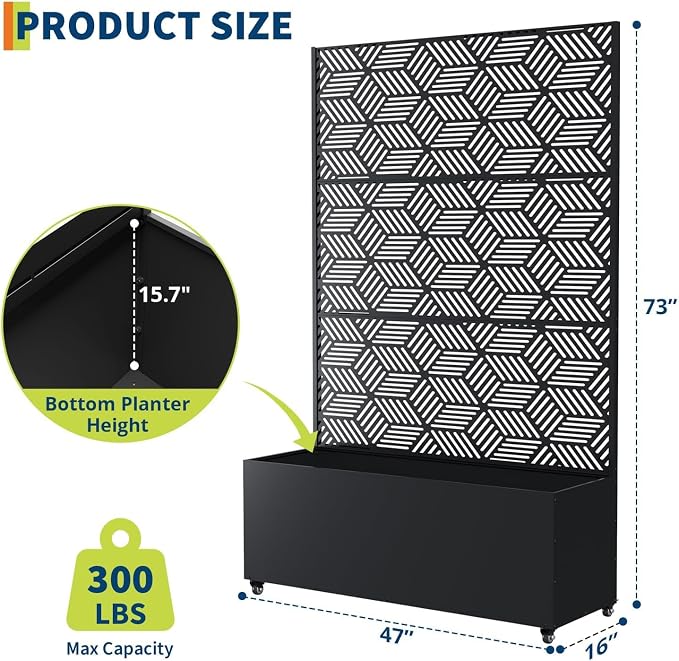 GarveeLife Metal Planter Box with Trellis and Wheels, 71"x47"x16" Raised Garden Bed for Climbing Plants, Vegetables, Vines, Privacy Planters for Patio with Drainage Holes, 15.7" Deep Planting Bed