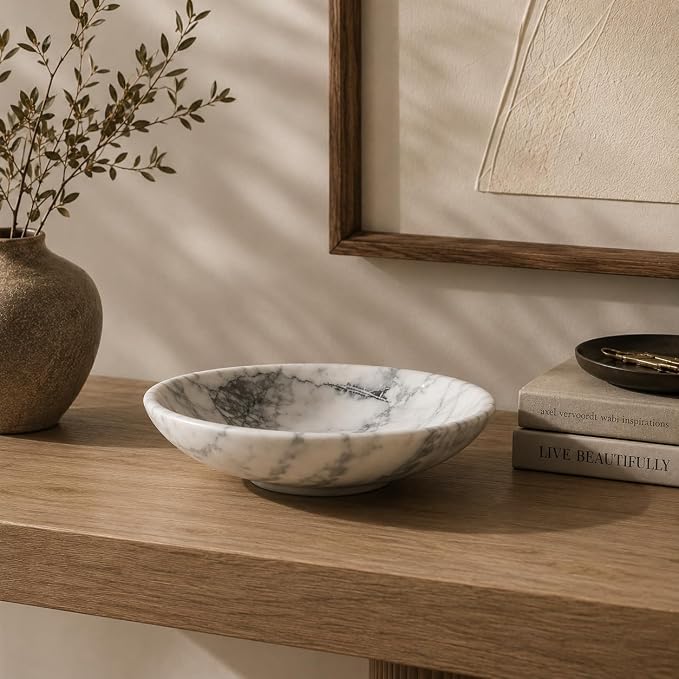 Marble Decorative Bowl Large White, Handcrafted Natural White-Grey Stone Bowl for Home Decor, 11" Large Entryway Bowl for Key, Coffee Table Bowl, Marble Fruit Bowl for Centerpiece