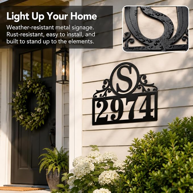 Personalized Metal House Number Sign for Outside, Custom Address Plaque with Family Initial, Door Number Plate for Yard Porch Wall Decor, House Numbers for Home