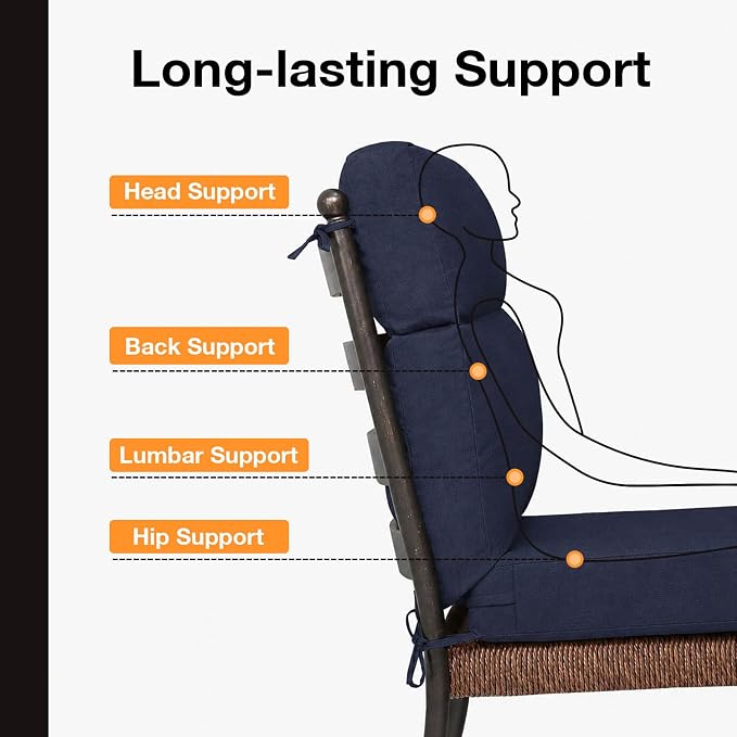 Unimatta Sunbrella Outdoor High Back Chair Cushion Seat Pads, 44 x 21 Inch Water-Repellent & Fade-Resistant Patio Furniture Cushions with Ties for Adirondack, Rocking Chairs, Canvas Navy Blue