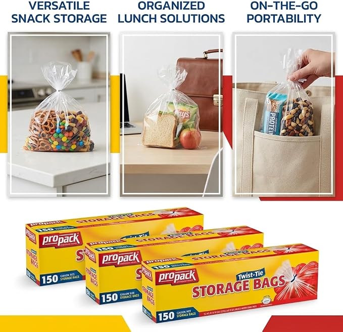 1 Gallon Storage Bags with Twist Ties, 600 Count - Clear Plastic Food Storage Bags for Sandwiches, Snacks, Fruit, Produce & Freezer