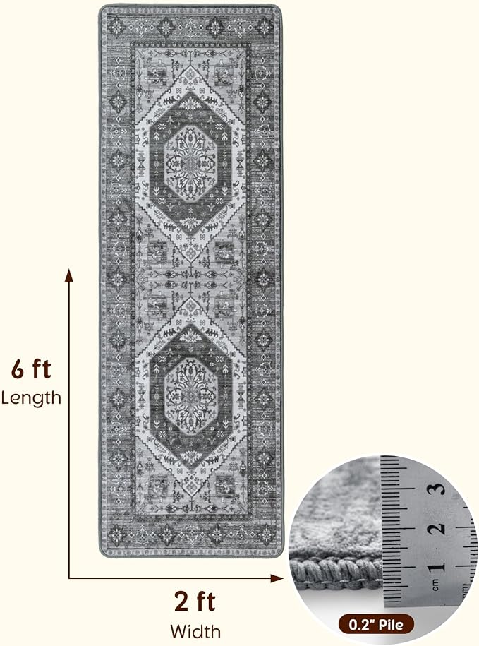 LBRO2M Machine Washable Rug Soft Pet Friendly Carpet 2X6 Dark Gray | Persian Runner Rug 2X6 for HallWay, Bedroom, Kitchen, Laundry Room, Non Slip Carpet, Foldable Stain Resistant Rugs