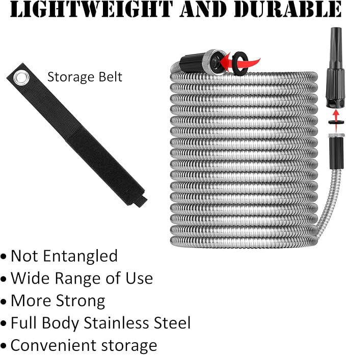Metal Garden Hose 100ft with Super Tough and Soft Water Hose, Household Stainless Steel Durable Adjustable Nozzle, No Kinks Tangles, Easy to Store Storage Strap