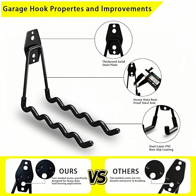 6 Pack Garage Hooks Heavy Duty with Anti-Slip Coating, Steel Utility Wave Hooks for Hanging Ropes, Bikes, Garden Tools, Hoses and More (Black)